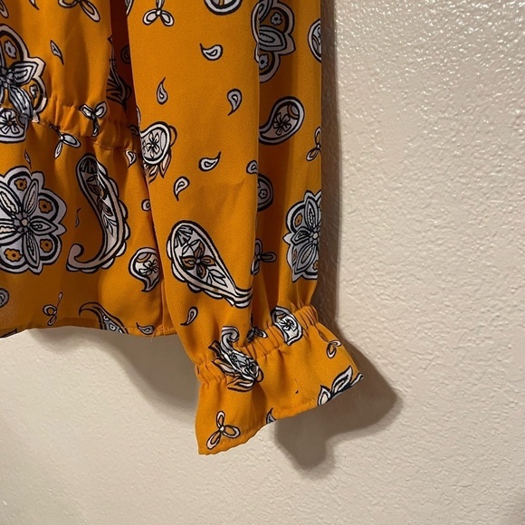 Loft women’s mustard yellow long sleeve paisley blouse vneck top - Picture 5 of 8
